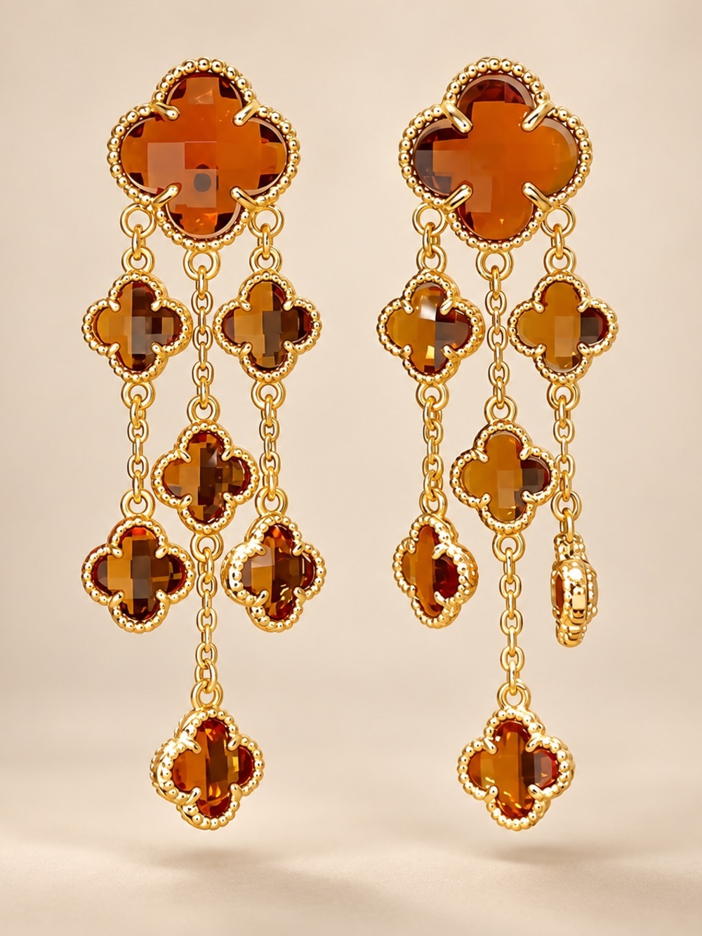 Amber Brown Crystal Clover Long Dangle Earrings